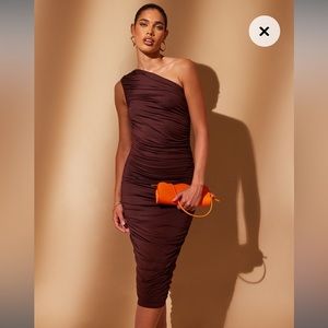 Chocolate recycled slinky one shoulder dress
